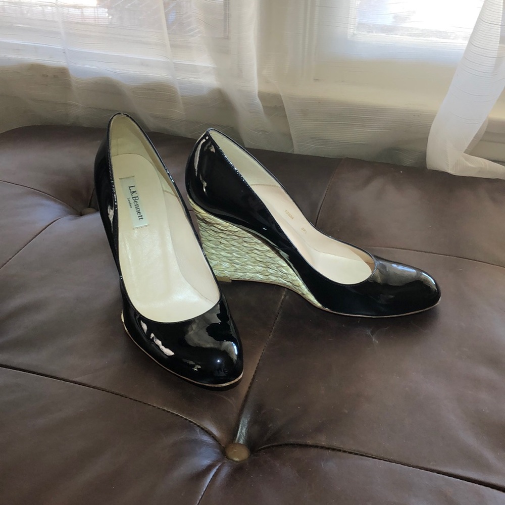 LK Bennett black patent leather wedges heels